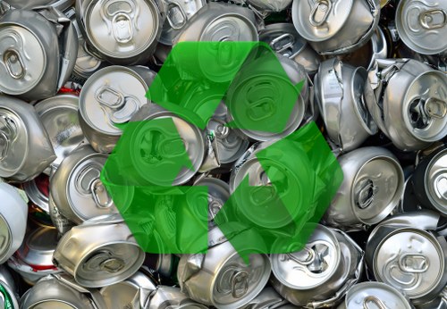 A large pile of aluminium beverage cans, primarily silver-grey in colour, with some showing pull tabs and others with opened tops. The cans are stacked closely together, overlapping in various orientations, and appear clean with smooth, reflective surfaces. The background consists of more cans, creating a dense arrangement typical of waste collected for recycling or removal. The cans are situated on a flat surface, possibly outdoors or in an industrial setting, under diffuse lighting that highlights their metallic textures. Embedded over the image is a semi-transparent green recycling symbol, emphasizing waste management and recycling themes relevant to commercial rubbish removal services in the Shadwell area. This detailed description reflects the typical content managed by Commercial Waste Shadwell, aligning with their focus on rubbish collection and recycling services in the local postcode vicinity.